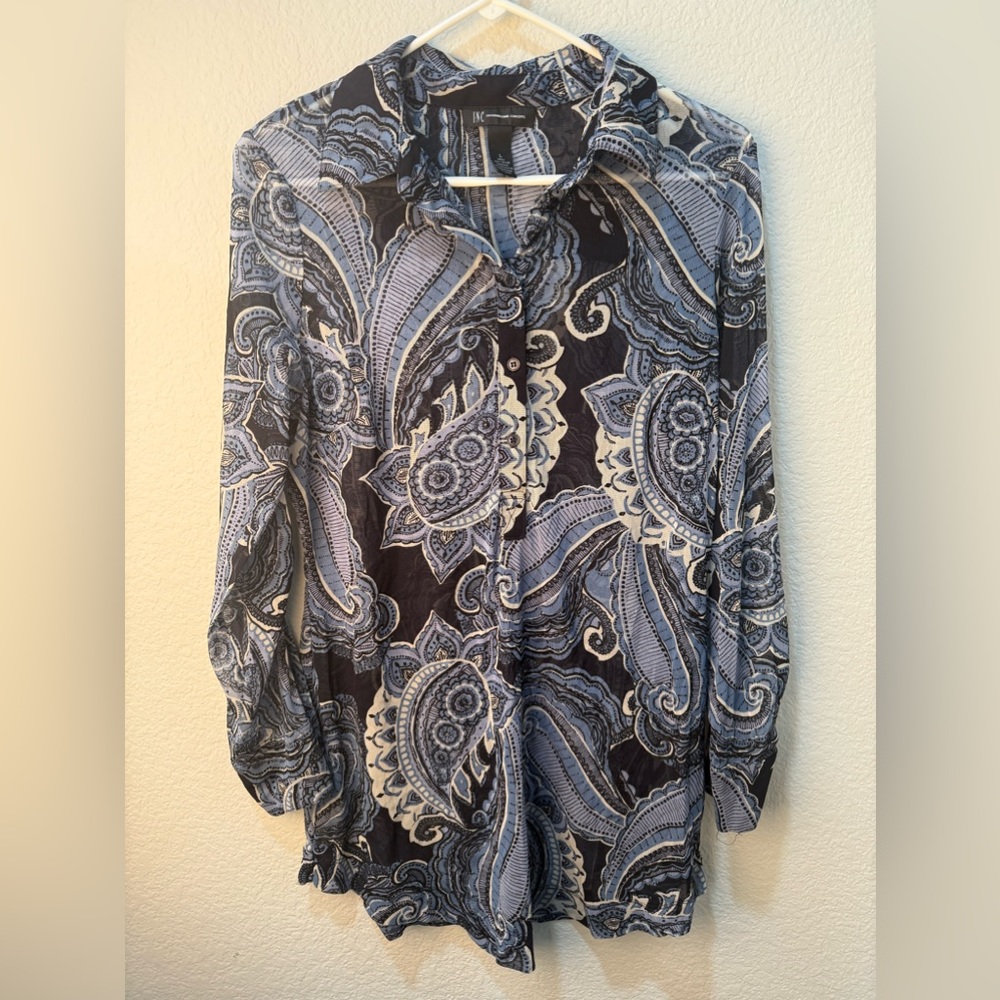 Blue boho print long sleeve sheer top size L stretchy INC international concepts